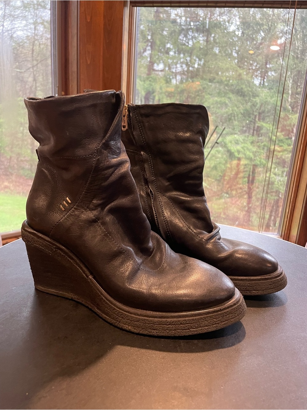 Women's Dark Blue Leather Wedge Zip Ankle Boots